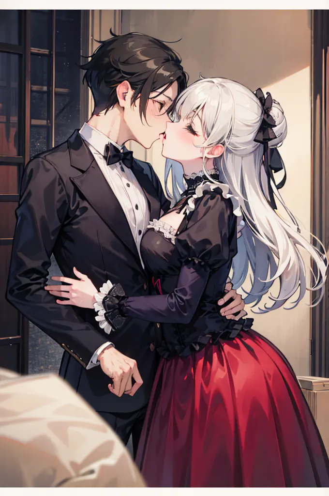 a man，a woman，a couple，heterosexuality，victorian style skirt，making love，kiss