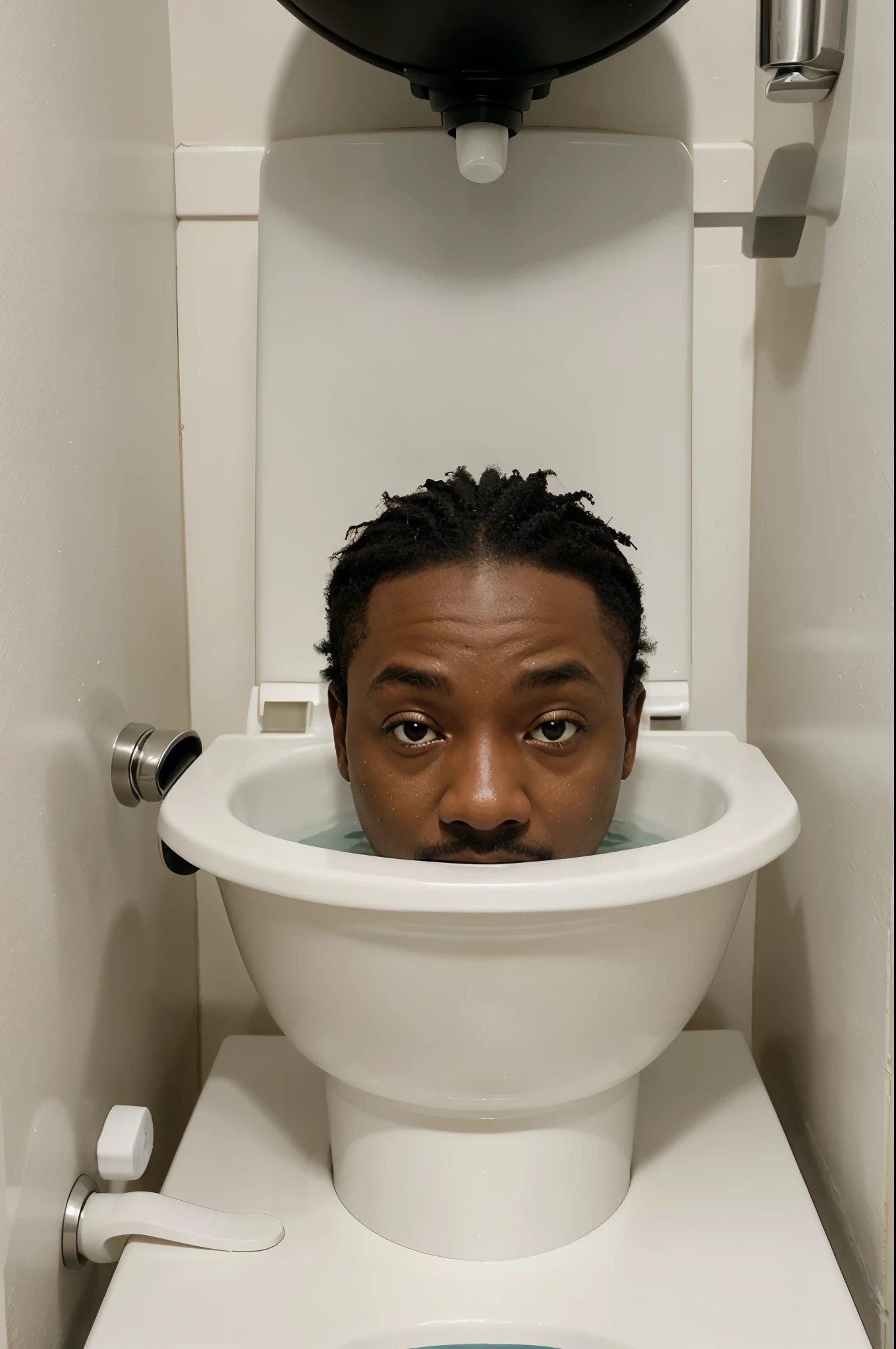 There is a man that is sitting in a toilet with a bowl on his head - SeaArt  AI