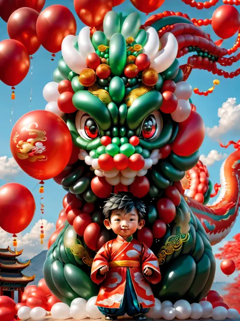 ((1 cute and festive Chinese dragon made of balloons and a little boy made of balloons, wearing traditional Chinese clothes made...