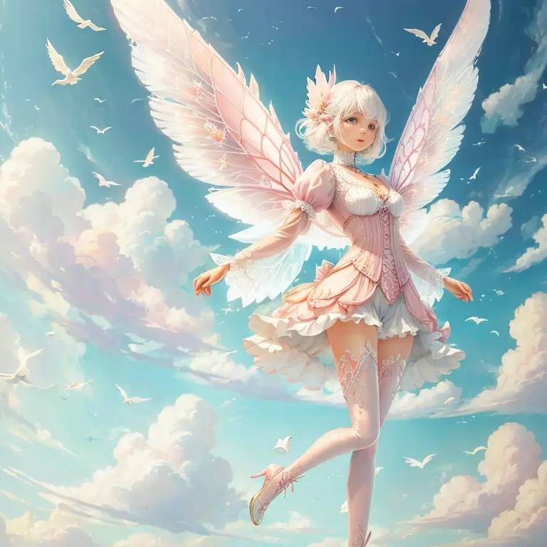 White-haired fairy in pink transparent clothes、on the sky，livestock，long legs，（（（There are birds flying）））（（pastel tones））（best ...