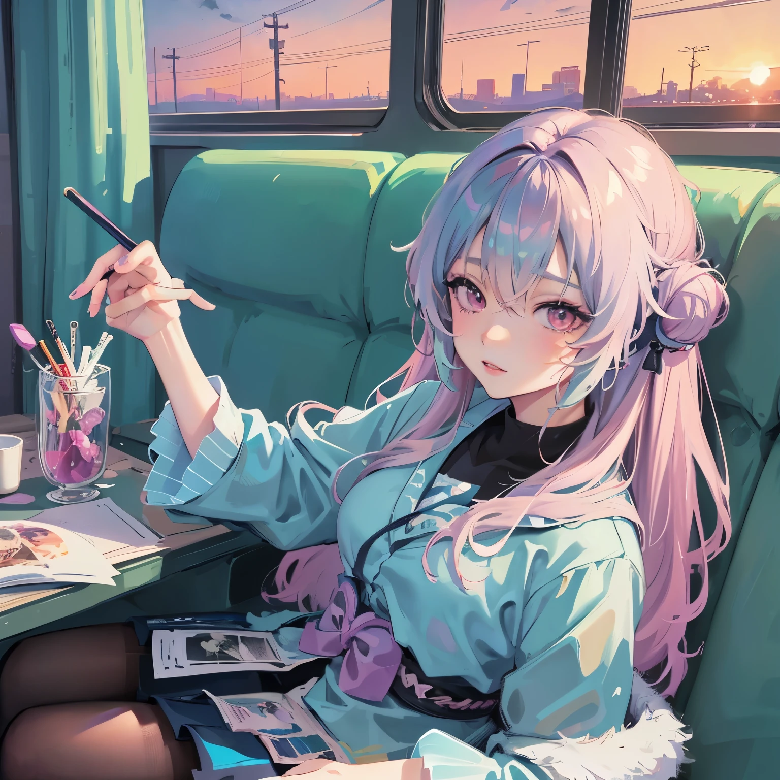 Anime girl sitting on the train looking out the window, Beautiful anime portrait, Lofi portrait at a window, beautiful anime girl, Lofi portrait, lofi girl, Portrait anime girl, guweiz style artwork, high quality portraits, with sunset, Attractive anime girl, cute anime girl, Realistic cute girl painting, anime style. 8k