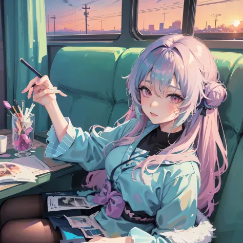 Anime girl sitting on the train looking out the window, Beautiful anime portrait, Lofi portrait at a window, beautiful anime gir...