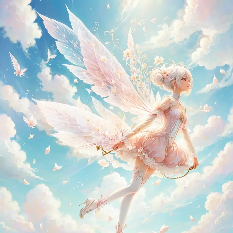 White-haired fairy in pink transparent clothes、on the sky，livestock，long legs，（（（Petals are flying all over the ground）））（（paste...