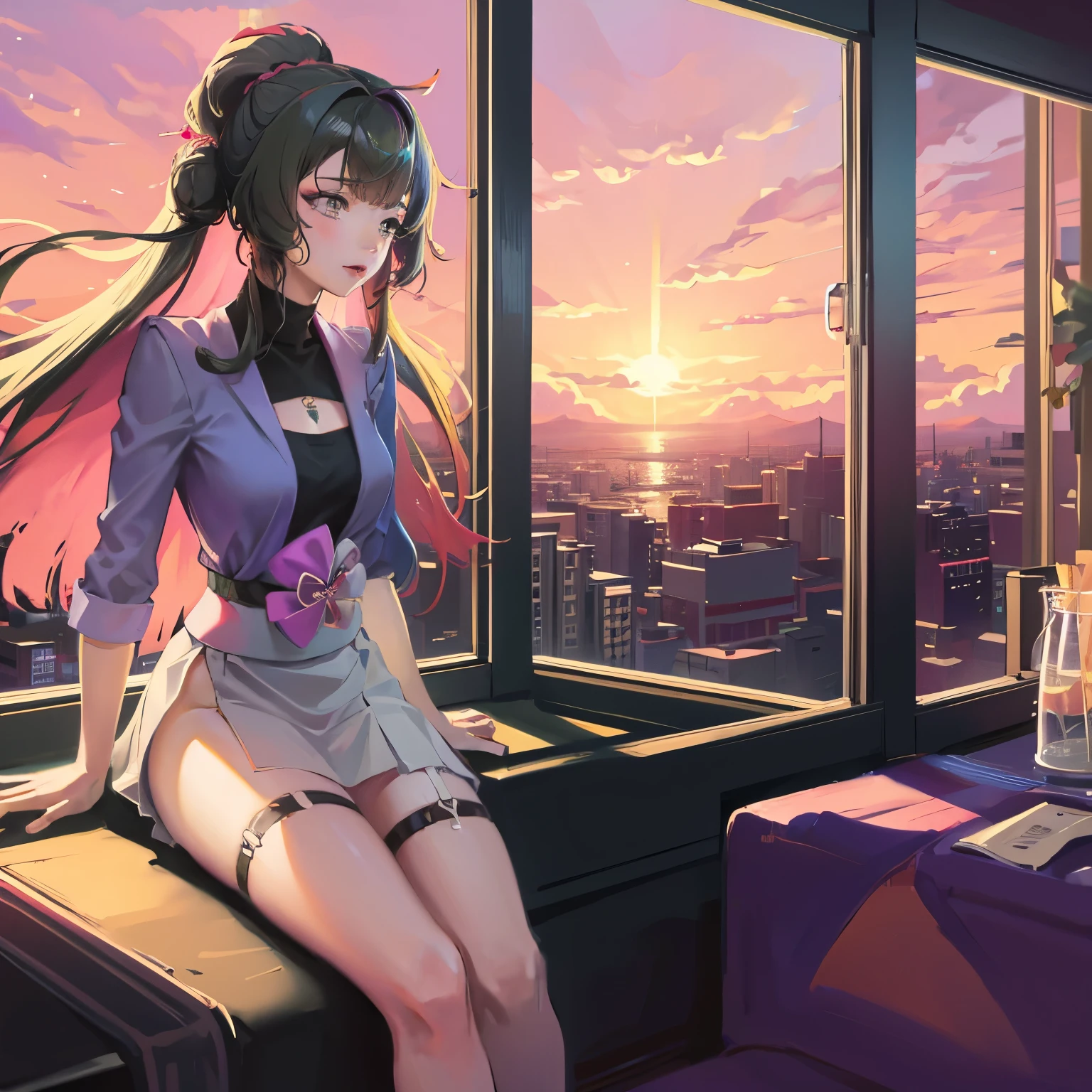 Une fille d'anime assise dans le train regardant par la fenêtre, beau portrait animé, Portrait de Lofi at a window, belle fille animée, Portrait de Lofi, fille lofi, portrait, anime, fille, oeuvre de style guweiz, portraits de haute qualité, avec le coucher du soleil, jolie fille anime, jolie fille animée, peinture réaliste de jolie fille, Style animé. 8k