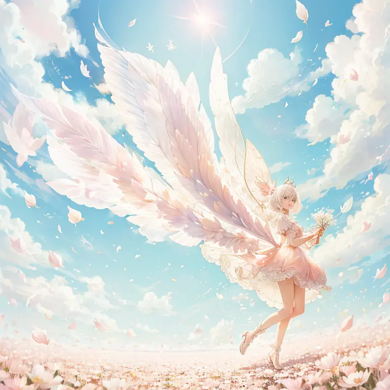 White-haired fairy in pink transparent dress、on the sky，livestock，long legs，（（（Petals are flying all over the ground）））（（pastel ...