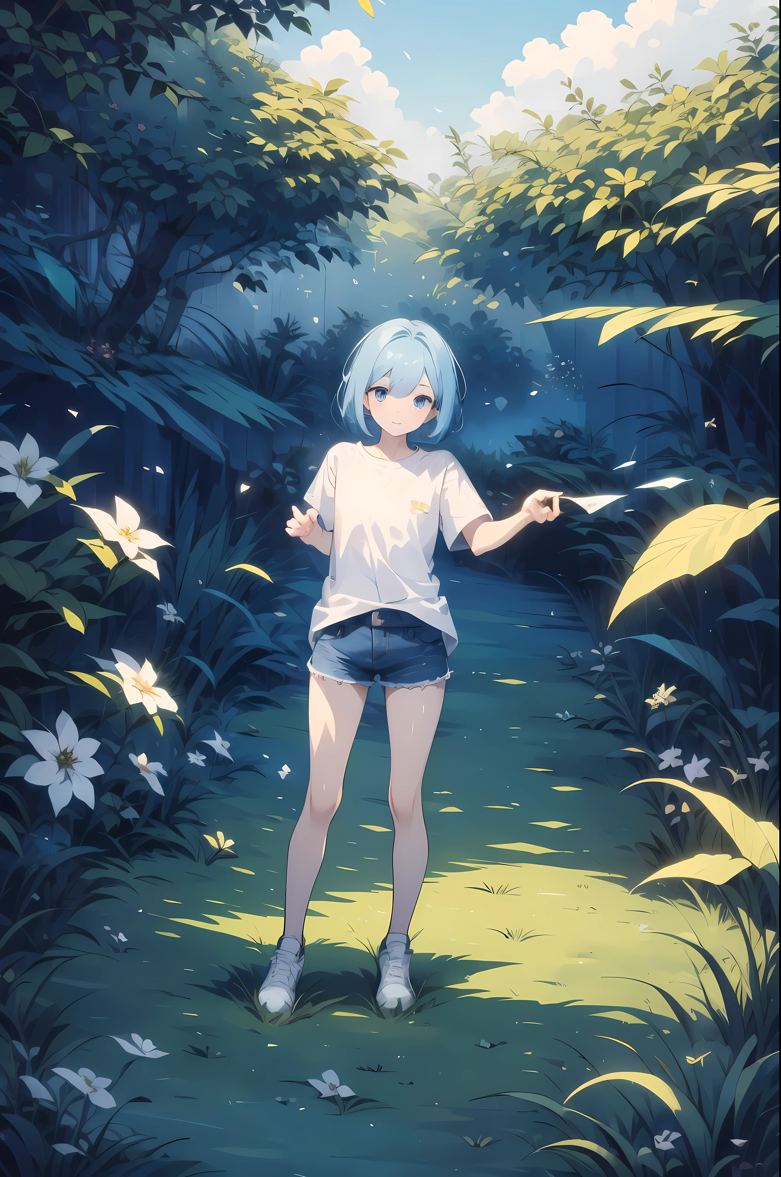 masterpiece, high quality, highly detailed
BREAK
forest, tress, blue sky, scenery, outdoors, life-size-body, full body
BREAK  
1girl, pale skin, small chest, light blue eyes, light blue hair, bangs, bobcut
BREAK 
white t-shirt
BREAK 
denim plaid shorts, blue theme 
BREAK 
white sneaker