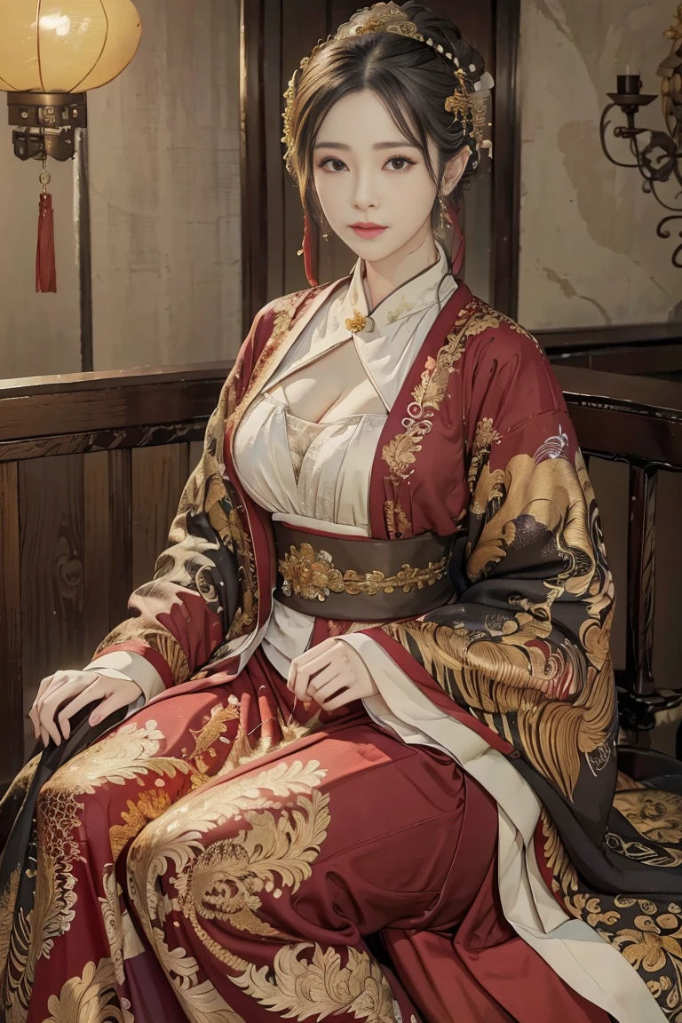 (Unity 16K Wallpaper, Masterpiece, Best Quality, Ultra-Detailed, Extremely Detailed CG, Beautiful Detailed Eyes, 25-year-old, solo, curby, china dress, chinese clothes, thighs, voluptuous, Chinatown, upper body), Ultra High Resolution, fine skin、sexy, Sweat, sitting, character focus, portrait、sensual pose, seductive smile, chinese restaurant, jewelry, cleavage,