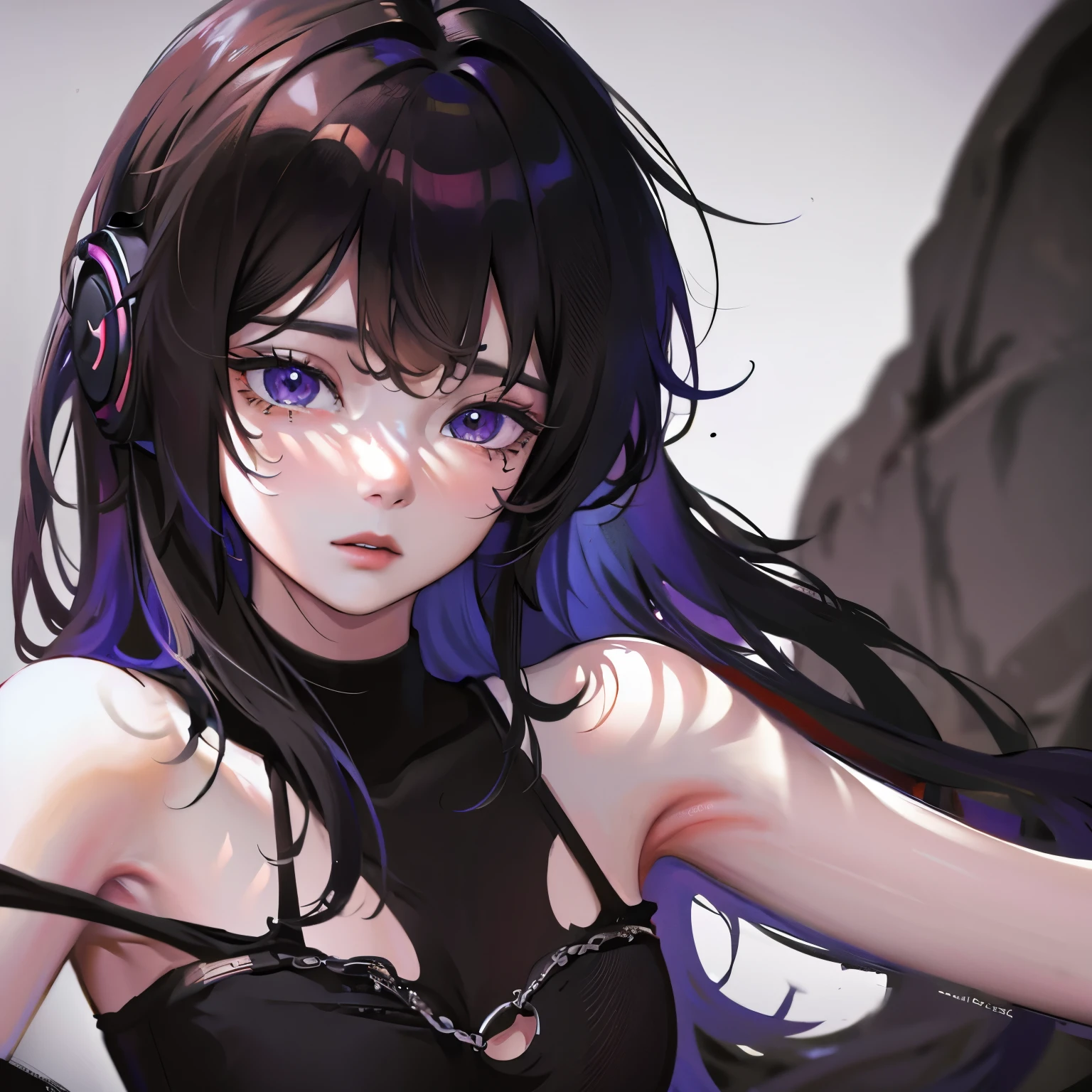 1 girl, masterpiece, best quality, 8k, Detailed skin texture, Detailed fabric texture, Beautiful and delicate face, intricate details, Super detailed,Upper body，Wearing black headphones，black hair，blue eyes，Wearing a clavicle chain
