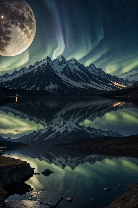 Sky，full moon ，Lots of stars，White clouds cover the moon，aurora，Stars and mountains reflected in the lake, 4k highly detailed digital art, 8K Stunning Artwork, , Epic Fantasy Science Fiction,, Impressive fantasy scenery,