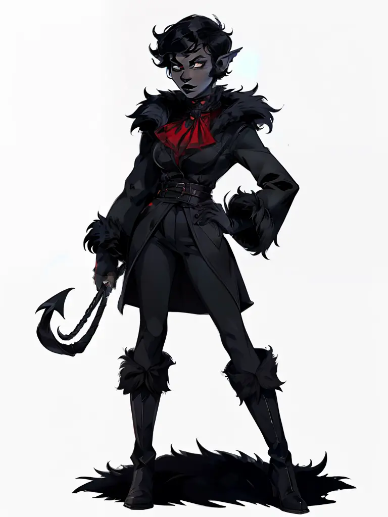 full body portrait, 1girl, short combed hair, pixie cut, combed hair, forehead, drow, black lipstick, fur coat, red high-collared shirt, ascot, high collar, solo, blank background, white background, outside, gothic fantasy art, long pointy ears, high laced...