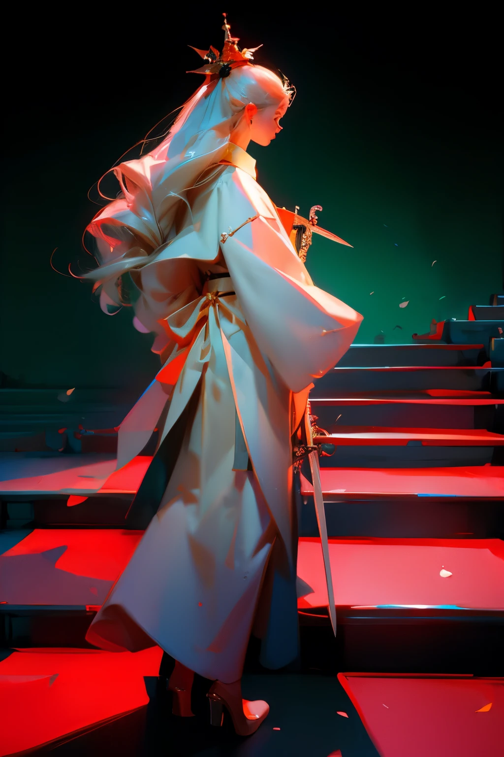 Girl holding a long sword on the stairs，White clothes，long hair，Chinese style，high resolution，highest quality，Stairs going up the mountain，The girl turned around，beautiful girl，Sword in one hand，Chinese long sword