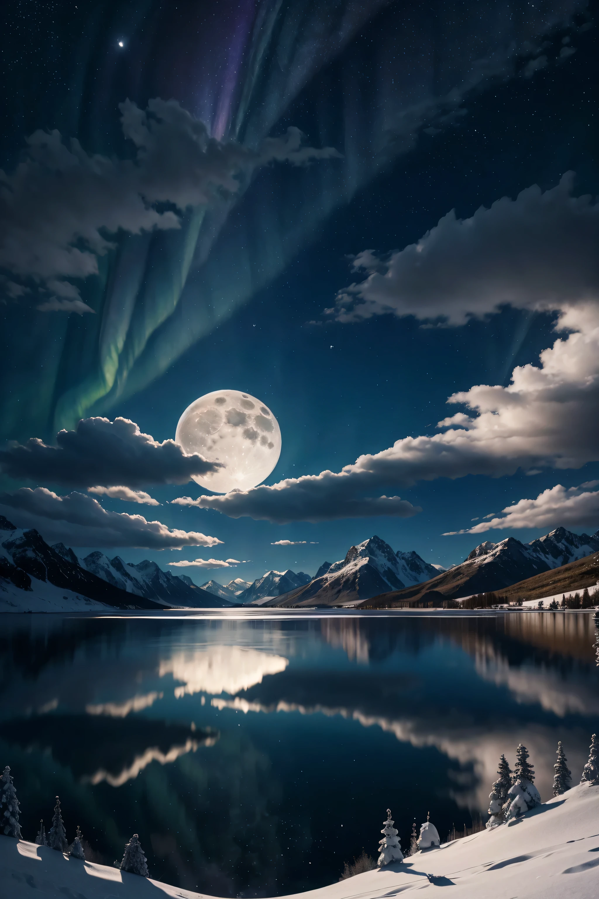 céu，Uma lua cheia no centro，Muitas estrelas brilham，Nuvens brancas cobrem metade da lua，aurora，A lua sobre as montanhas nevadas se reflete no lago，Arte digital altamente detalhada em 4K，Cenário de fantasia impressionante，