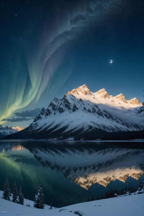 Sky，A full moon in the center，A lot of stars twinkle，White clouds cover half of the moon，aurora，The moon over the snowy mountains is reflected in the lake，Highly detailed digital art in 4K，Impressive fantasy scenery，
