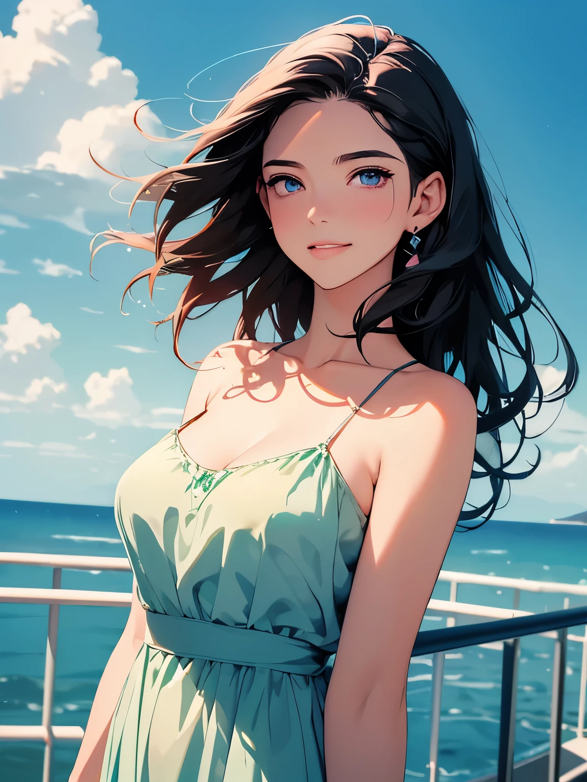 (Masterpiece:1.2, high quality), (pixiv:1.4), (1girl:1.2), (solo:1.2), (smooth:0.8), beautiful woman, (mature), pale white skin, red cheek, blush, (smile:1.2), black hair, side fringes, bangs, wavy hair, (strand braids), hair clips, one eye covered, blue eyes, (detailed eyes), symmetrical eyes, black eyeshadow, glossy lips, pale pink lips, parted lips, symmetric face, (looking away), looking sideways, mole on chin, plunging neckline, green transparent dress, flowery dress, shoulder strap dress, luxurious, slender arms, (beautiful round breasts:1.2), derailed cleavage, beautiful portrait, professional photography, best quality, (absurdres:1.2), ultra-detailed, ultra HD, 1080, 4k, 8k, intrinsic details, shiny blue sky, aesthetic outdoors,  sky background, view from below, wind blowing hair, vivid colors, dynamic lighting