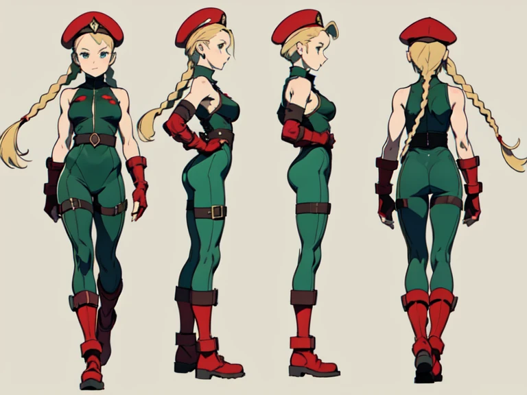 ((masterpiece)),(((best quality))),((character design sheet)), ((flat color, plain color)), concept, poses, masterpiece, best quality, highres, 1girl, cammy white, twin braids, long hair, blonde hair, antenna hair, ((red beret)), military gear, (red headwear:1.3), blue eyes, scar on cheek, green leotard, large breasts, sleeveless, red gloves, fingerless gloves, camouflage, cowboy shot, standing, outdoors, arms at sides, straight-on, blank background ,chara-sheet, simple background