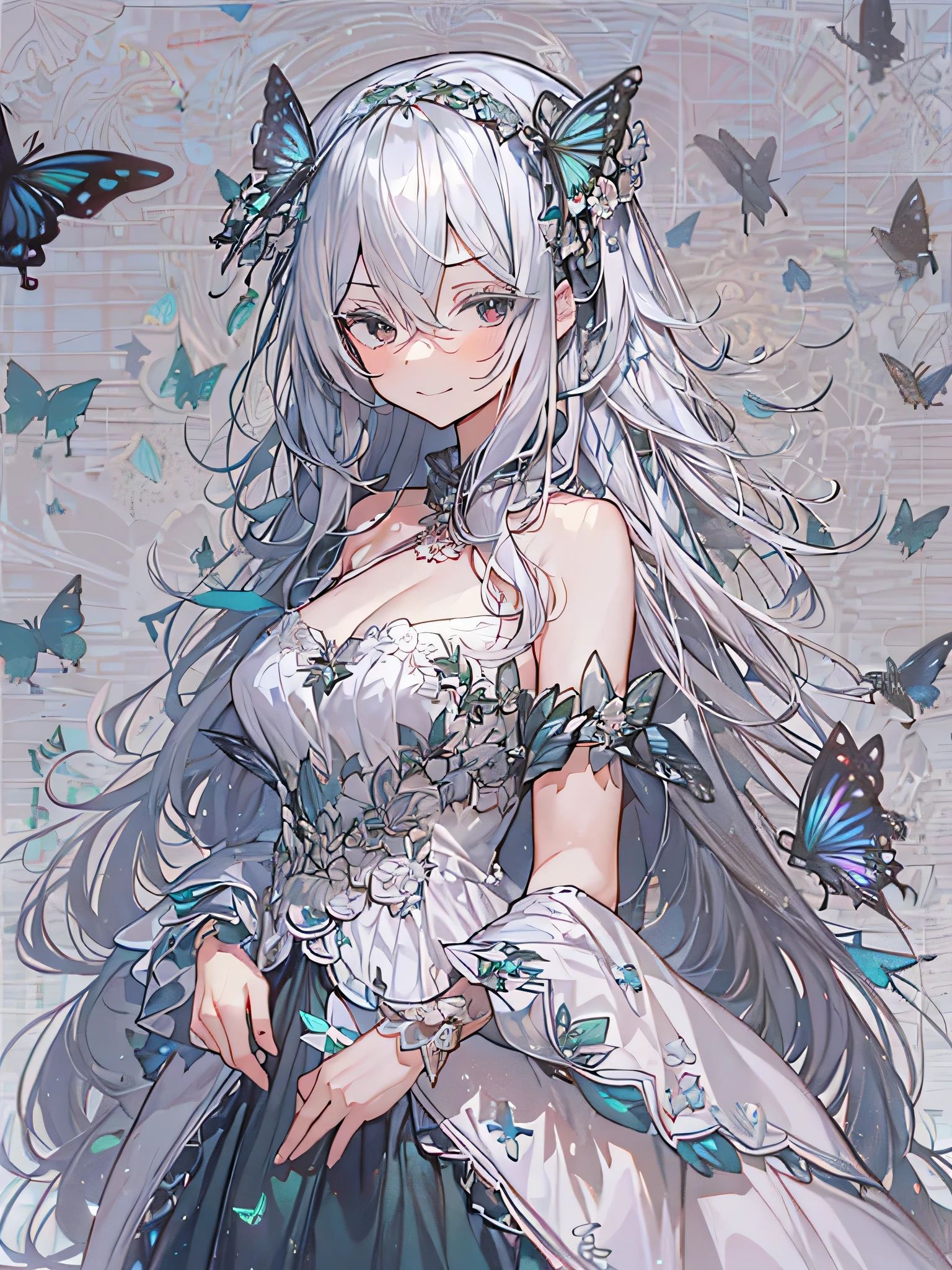 ((highest quality)),(debris flies, ultra high resolution),1 girl, beautiful and detailed face, fine eyes,((gray hair)),(((Black and Green theme))),((whole body)),perfect eyes、no background,white background,long dress,echidna,butterfly々hair accessory,arrogant expression, Domineering smile, masterpiece, highest quality, silver hair