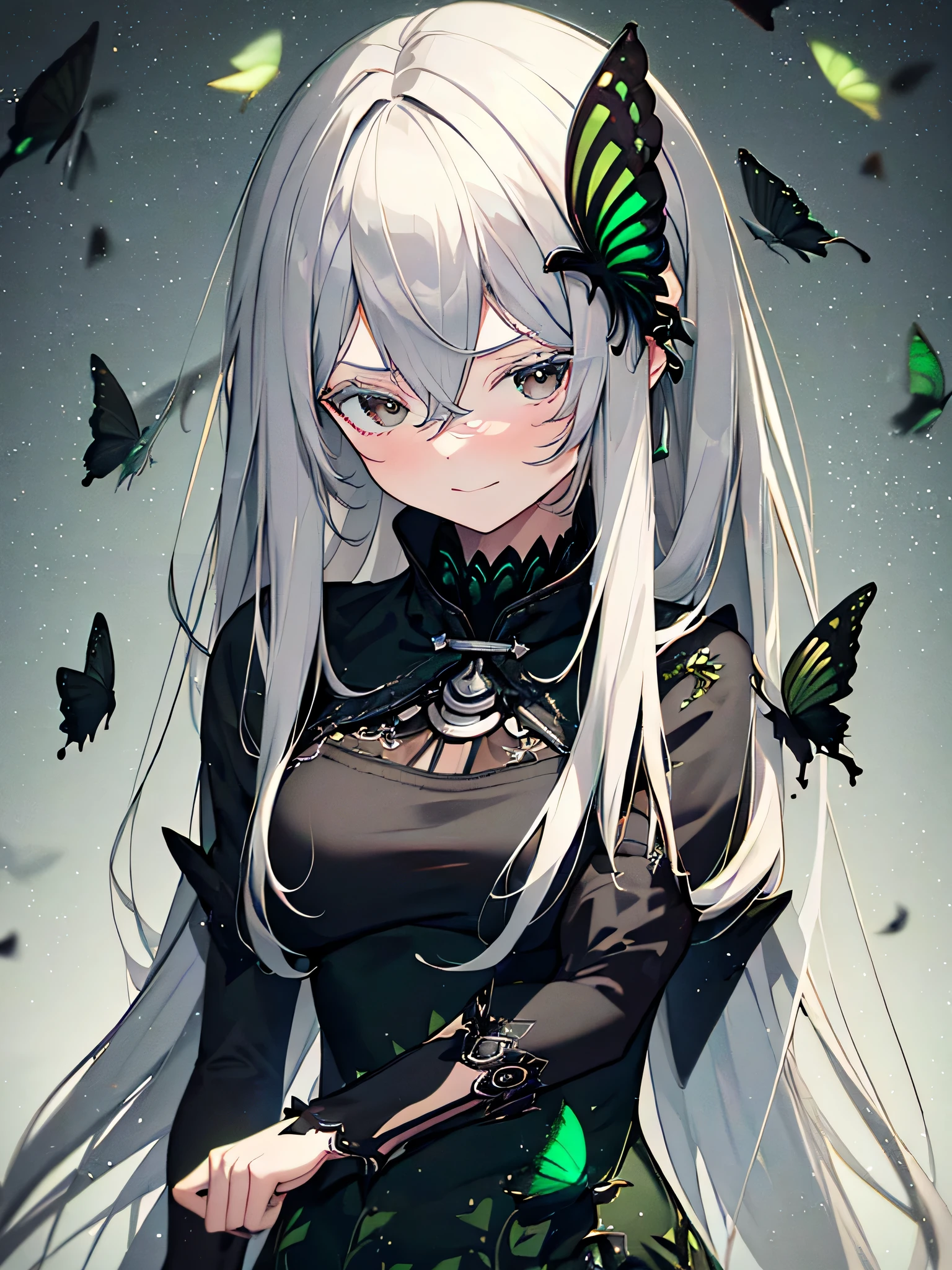 ((highest quality)),(debris flies, ultra high resolution),1 girl, beautiful and detailed face, fine eyes,((gray hair)),(((Black and Green theme))),((whole body)),perfect eyes、no background,white background,long dress,echidna,butterfly々hair accessory,arrogant expression, Domineering smile, masterpiece, highest quality, silver hair