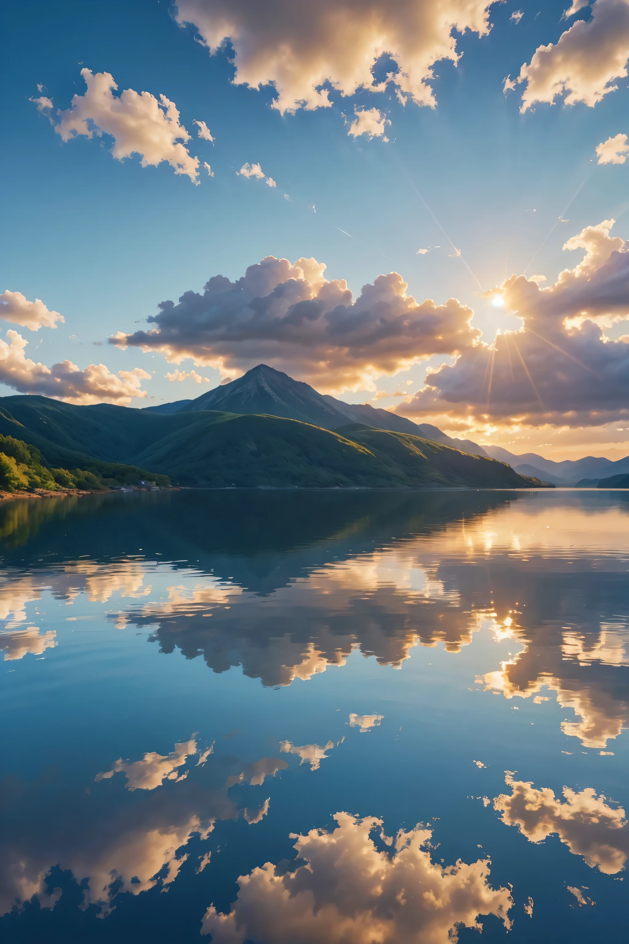 de manhã cedo，O sol está no meio，Muitas nuvens brancas estão passando，Nuvens brancas obscurecem metade do sol，O brilho da manhã preenche todo o céu，O sol e as nuvens brancas refletem-se no lago，arte digital 4k altamente detalhada，Cenário de fantasia impressionante，