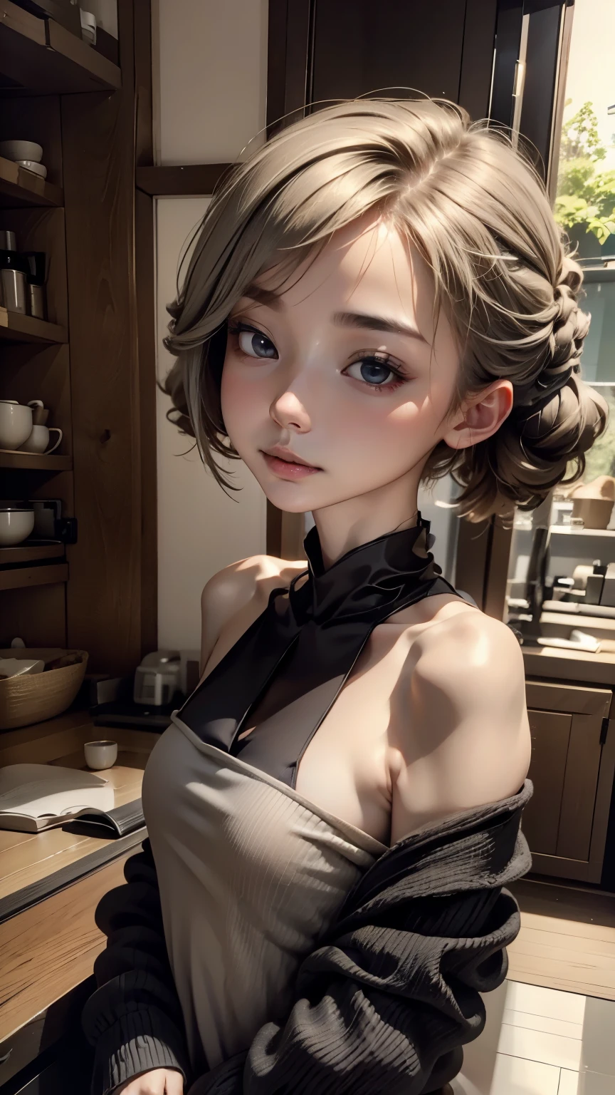 ((wallpaper 8k)), ((surreal)), ((Quality with attention to detail:1.2)), 1 girl, １４talent、kind eyes、plump lips、Ash gray hair、ショートヘアー、短い髪のツインテール、An ennui look、small breasts、small breasts、black elegant dress,Black capelet, look up, Widespread poverty, short cut hair、short hair twintails、Ash gray hair:1.5、white skin、