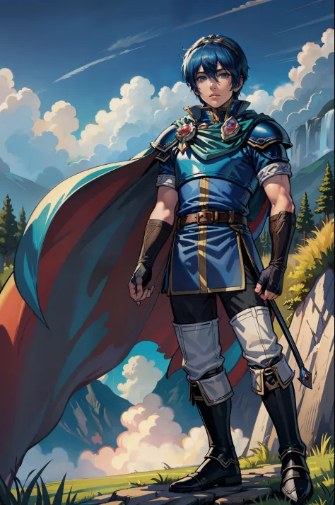 masterpiece, best quality, marth, tiara, cape, armor, blue tunic, fingerless gloves, belt, boots, field, trees, clouds, looking ...