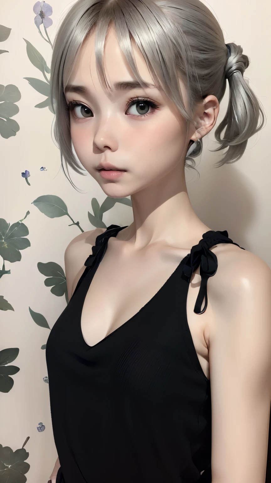 ((wallpaper 8k)), ((surreal)), ((Quality with attention to detail:1.2)), 1 girl, １４talent、kind eyes、plump lips、Ash gray hair、ショートヘアー、短い髪のツインテール、An ennui look、small breasts、small breasts、black elegant dress,Black capelet, look up, Widespread poverty, short cut hair、short hair twintails、Ash gray hair:1.5、white skin、
