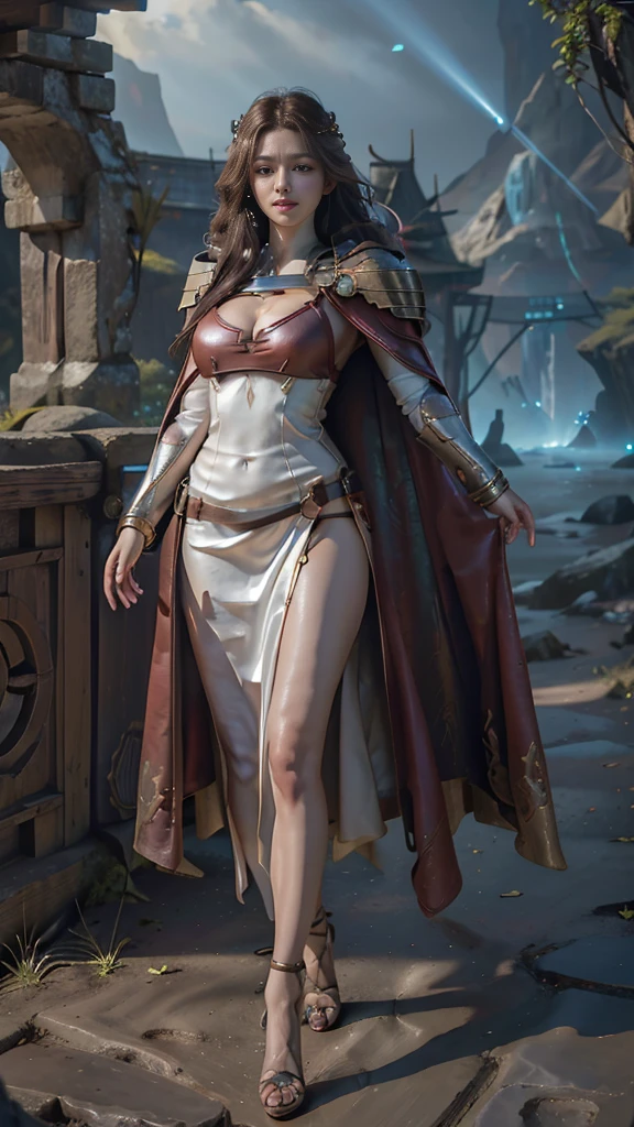 Woman in red silver dress, ((run)), Escape the monsters, Immersive art station, ศิลปะFantasyที่มีรายละเอียด, Amazing character art, Excellent and neat character art, beautiful armor, very detailed, red armor girl, Exquisite headdresses and ornaments, (best quality, 10, Masterpiece :1.3), (realistic, ภาพrealistic: 1.37), (1 girl), (Beautiful women between the ages of 18-20), (thin), (Focus on the slender abdomen.. :1.3), (Korea), (Pastel colored leather dress, Long red leather cloak, Long red leather cloak, Show your arms and shoulders., white leather skirt, short leather skirt, Emphasize her legs., High groove,), (รองเท้าHeel Height), (Random pose), Huge breasts, exposed cleavage, ((dark brown hair, long hair)), exquisite face, Open the show, Fantasy, Slender figure, Very smooth face, Good eyes, Double eyelids, (long hair, Random hairstyles), (big girl :1.3), (outdoor), (Extraordinarily detailed face), (Detailed eyes), (Double eyelids), (Eyeshadow makes eyelashes look thicker.......), obscure, (Long legs, Heel Height), (((Whole body))), (professional lighting), (Photon mapping), (Radiation), red armor girl, silver armor girl, ((magic beam)), (Look directly at the audience.....), cliff scene, mountain, cave mouth, stone, Dungeon