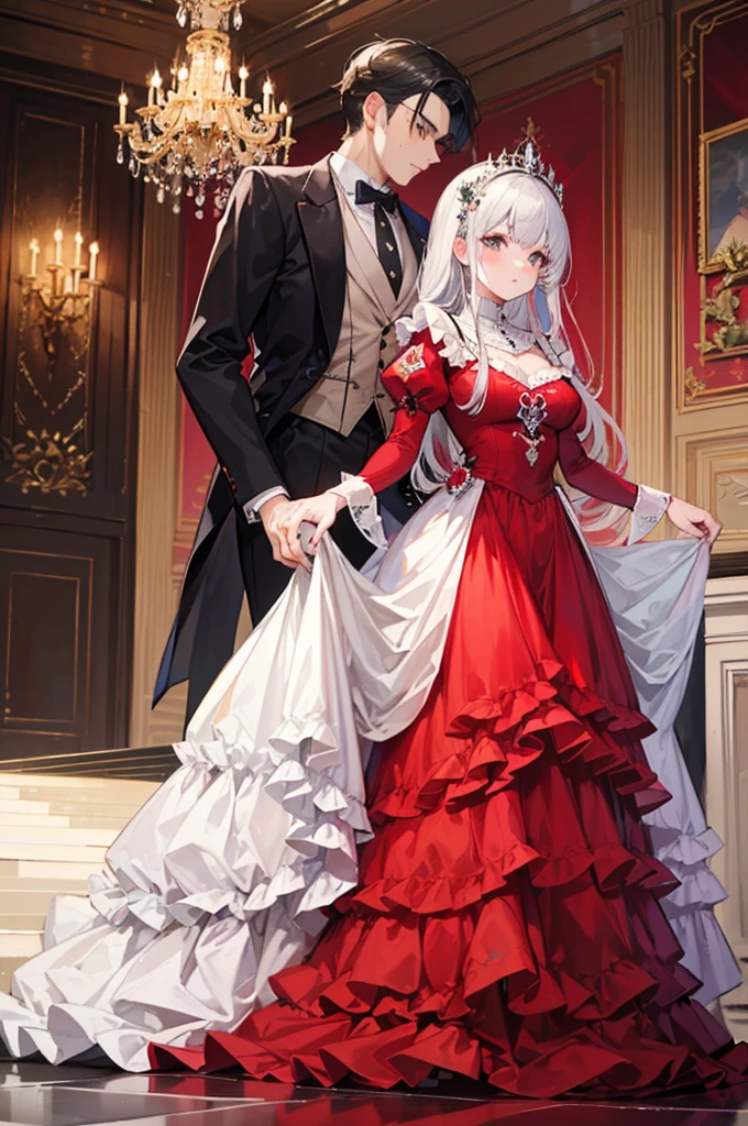 a man，a woman，a couple，heterosexuality，palace style dress, royal, Gorgeous, layered decoration, Ruffles, 