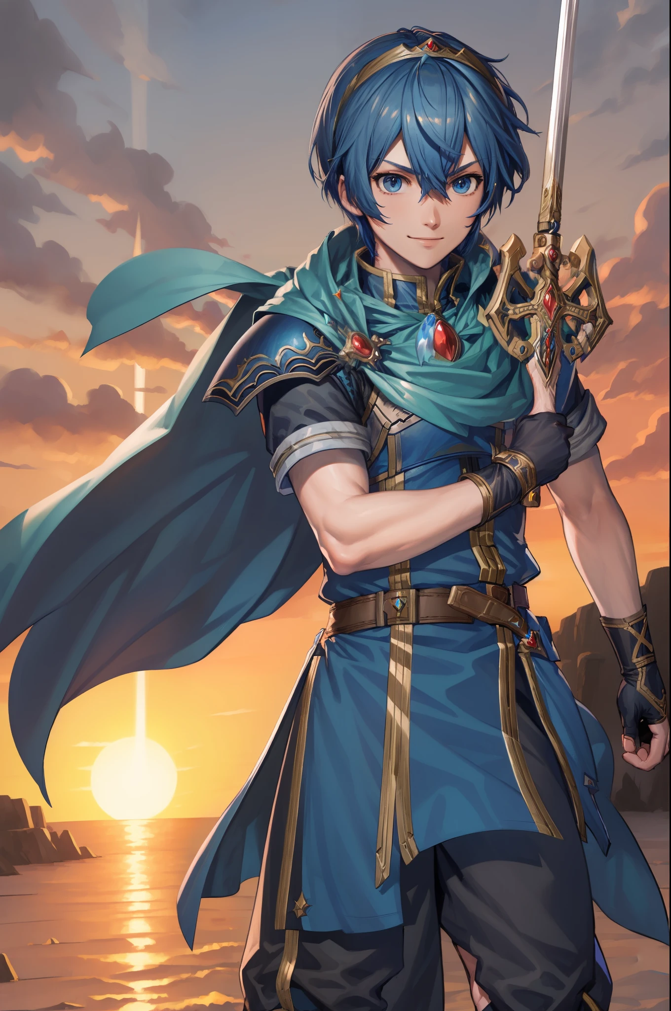 masterpiece, best quality, marth, tiara, cape, armor, blue tunic, fingerless gloves, belt, pants, cowboy shot, standing, clouds, sunset, furrowed brow, smile, looking at viewer, holding longsword, Falchion, longsword, sword, weapon