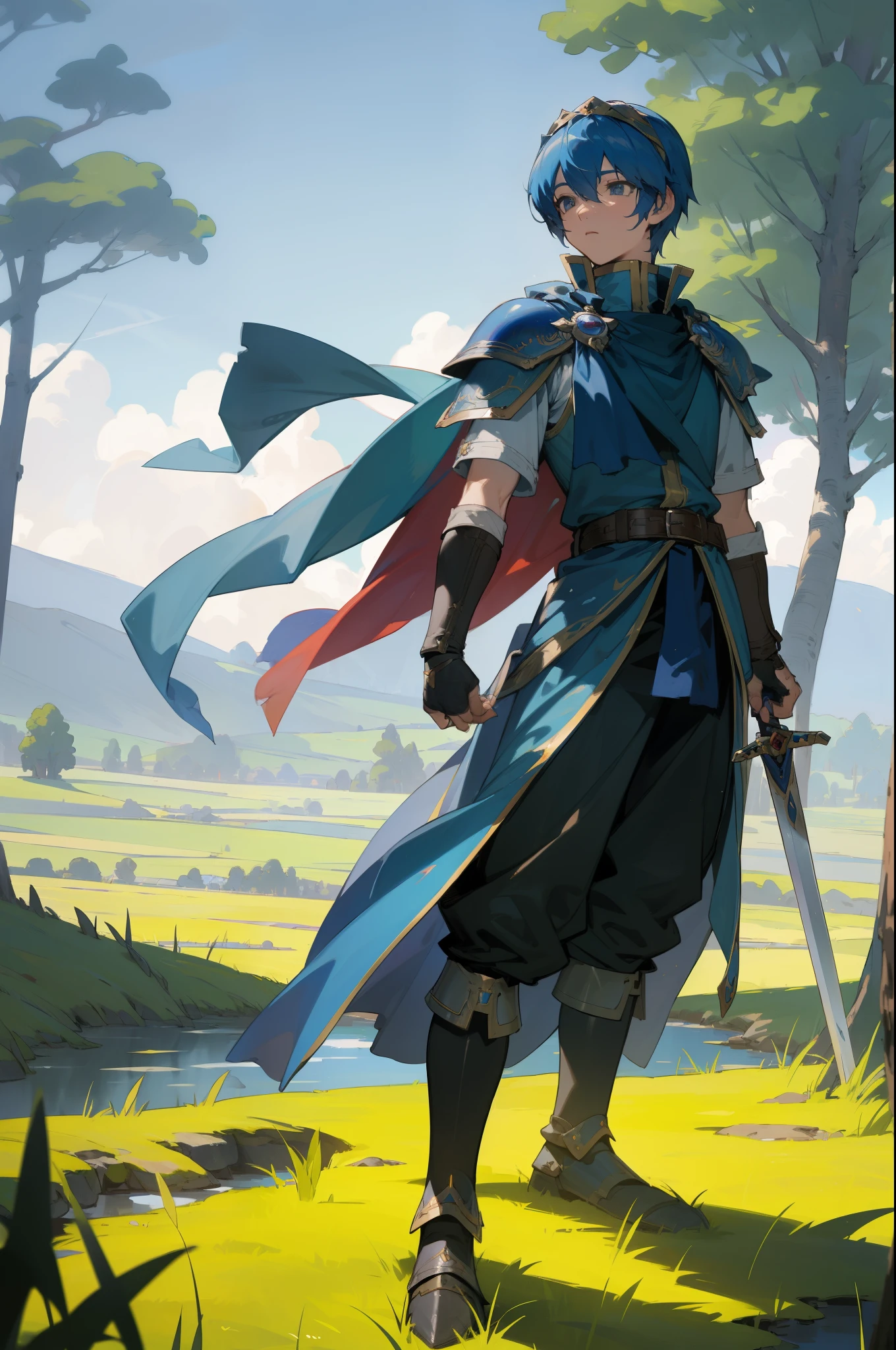 masterpiece, best quality, marth, tiara, cape, armor, blue tunic, fingerless gloves, belt, pants, boots, Unsheathing Sword, standing, sky, field, trees, stream 