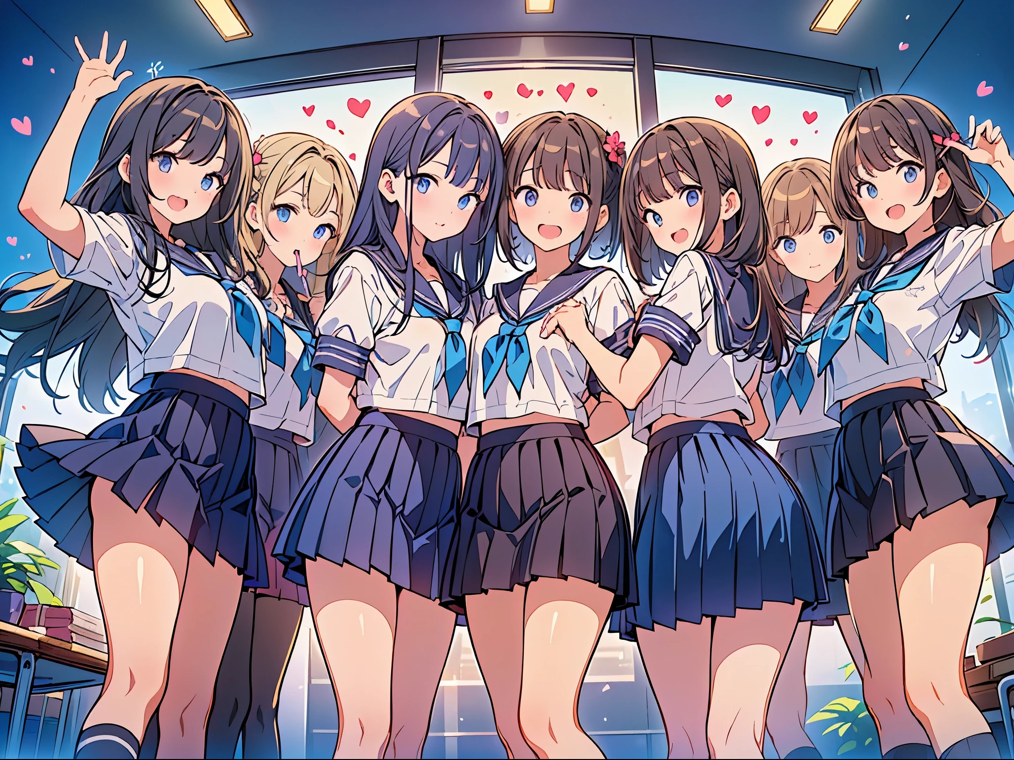 (masterpiece: 1.2, highest quality, master piece, clearer image), (vivid colors), ((Takes clear pictures from far away)), (multiple girls), (Harem), (school classmates), (((School uniforms all have the same design))), (((Everyone has the same dark blue skirt))), ((16 years old)), ((prostitution婦)), (prostitution宿, on the bed), (cute japanese((6 girls))), (((young child&#39;s face))), ((group shot)), (group selfie), wide angle, soft light, ((((Laugh with your mouth wide open)))), (slightly larger breasts), ((prostitution)), (lure), ((Viewers love it)), (((A lot of hearts are flying))),