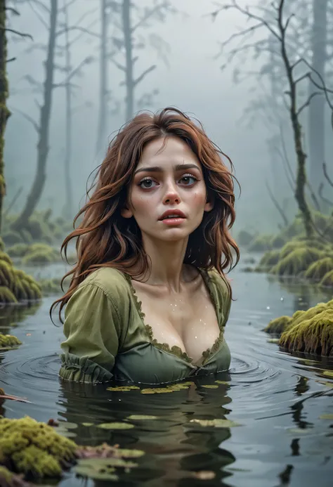 A  hot girl, drown in a swamp in a chest,illustartion, (Best Quality,4k,8K,hight resolution,Masterpiece:1.2),Ultra-detailed,(Rea...