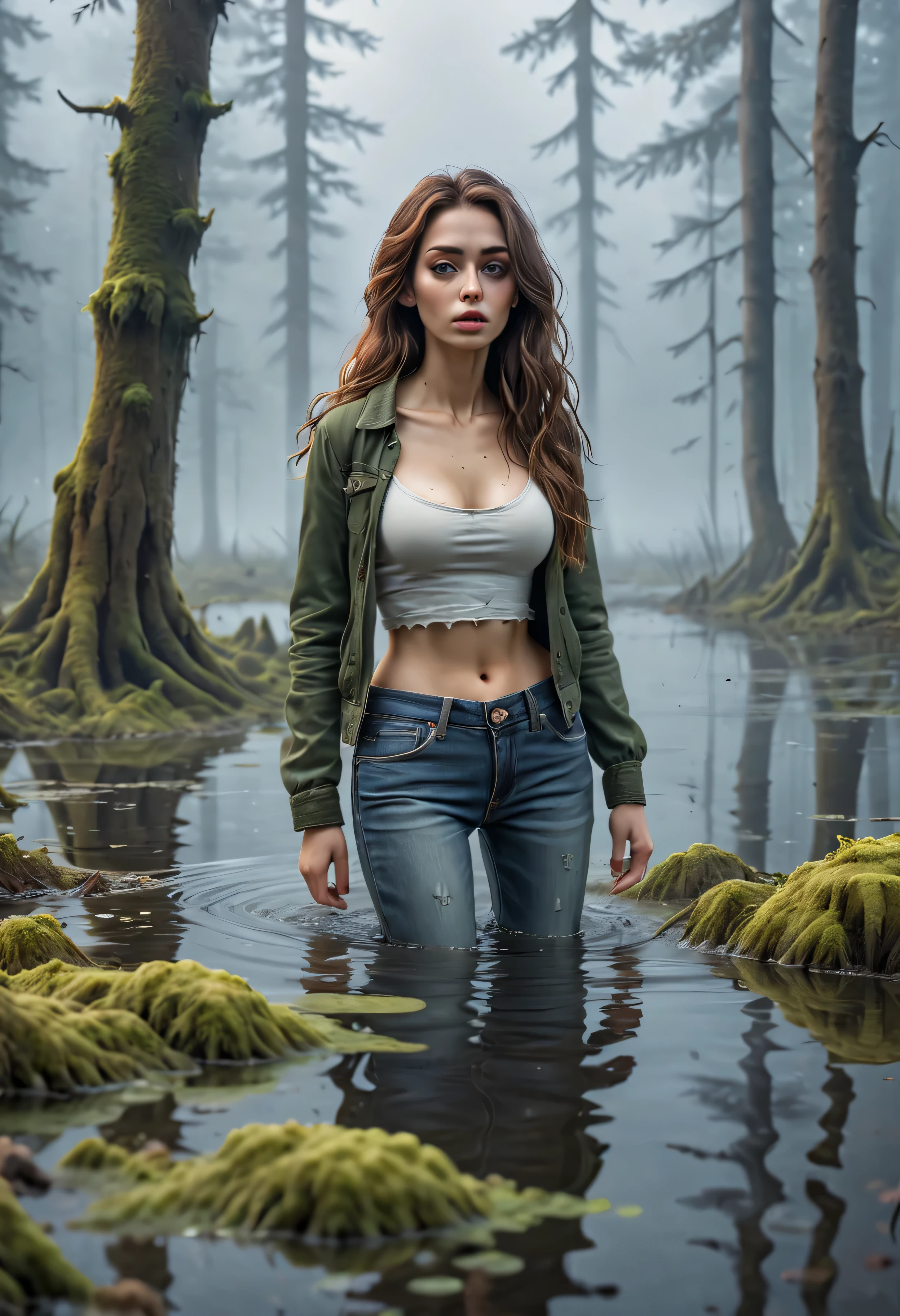 A  hot girl, drown in a swamp in a chest,illustartion, (Best Quality,4k,8K,hight resolution,Masterpiece:1.2),Ultra-detailed,(Realistic,photoRealistic,photo-Realistic:1.37),Horror,dark and gloomy atmosphere with dramatic lighting, Vivid colors, Foggy surroundings, the trees, covered with moss, detailed facial expression, long wavy hair floats in the water, Reflections on the surface of the water, Eerie fog. Jeans