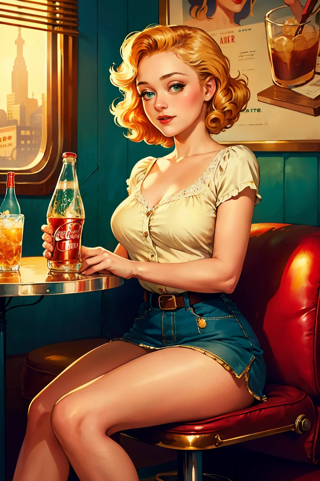 Arafed image of a woman sitting at a table with a bottle of soda - SeaArt AI