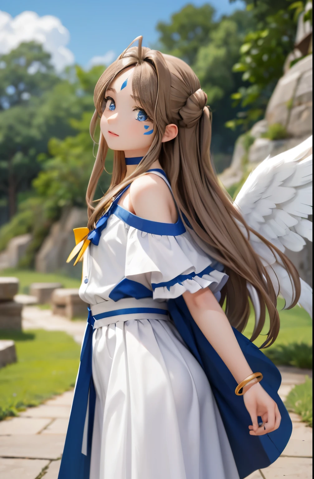 (Masterpiece), best quality, high resolution, Bell Dandy, long hair, blue eyes, brown hair, facial mark, Forehead marker, glove, wing, choker, bracelet, ring, body hair, angel wing, view from the side:0.6, (Forrest:1.1), stand, 20 years old