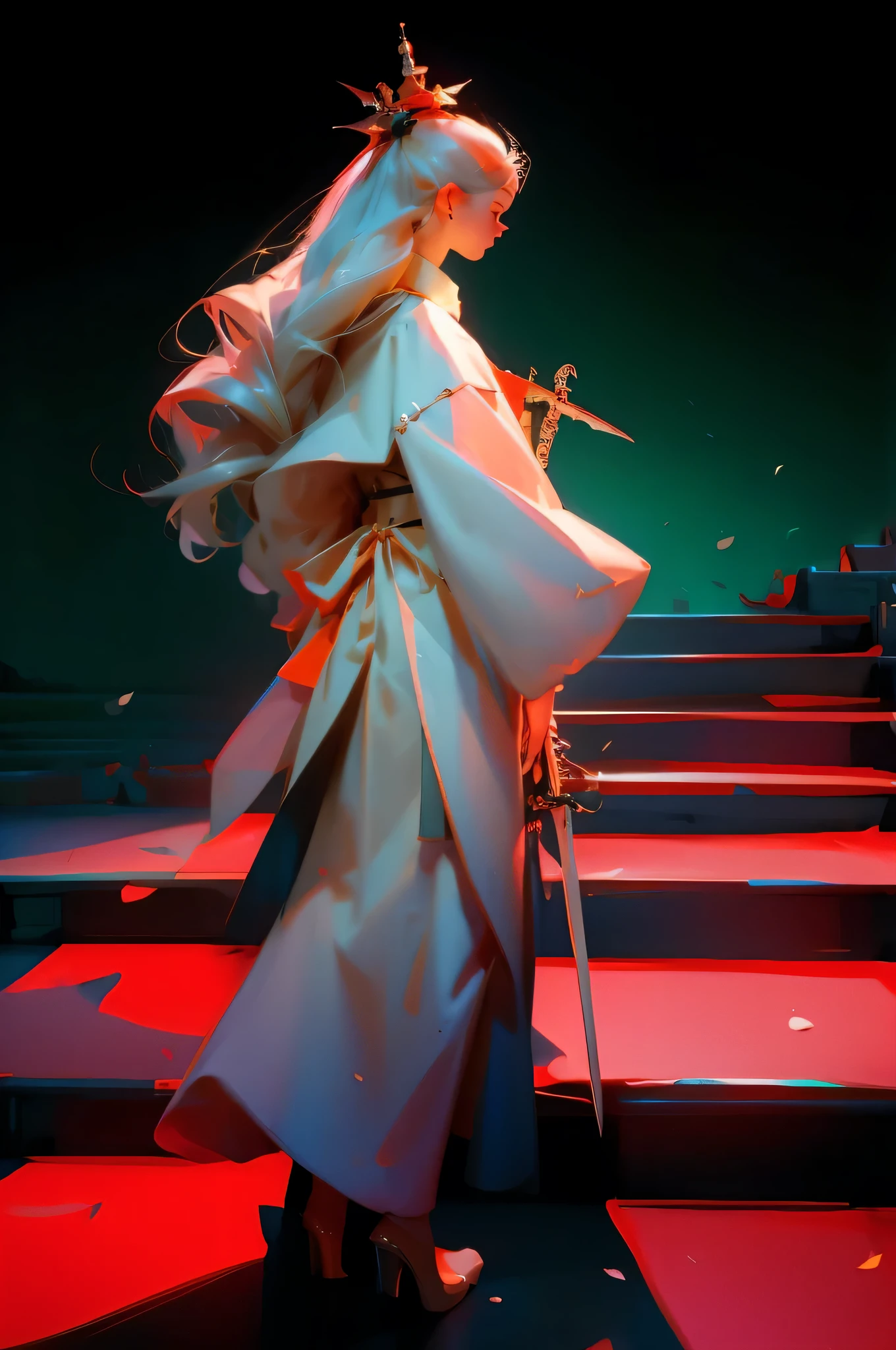 Girl holding a long sword on the stairs，White clothes，long hair，Chinese style，high resolution，highest quality，Stairs going up the mountain，The girl turned around，beautiful girl，Sword in one hand，Chinese long sword，Chinese long sword，There are injuries on the face，There are birds in the sky，Wide-angle lens，mountain peak，clouds，Girl pointing sword at camera，cold expression，Look up at the camera，The lens zooms out，The other hand holds the scabbard