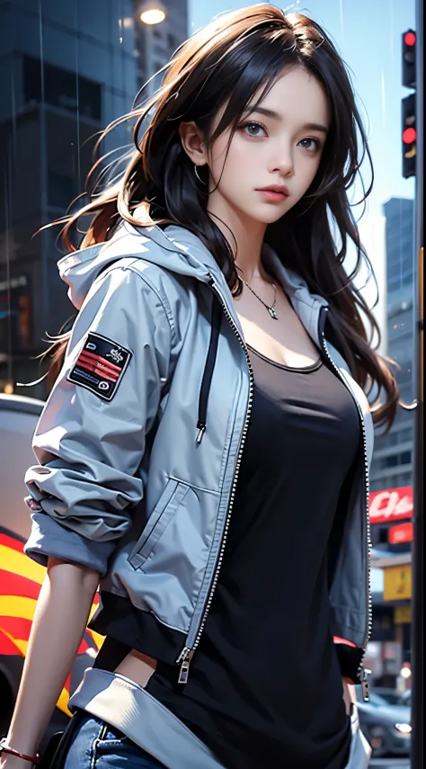 1girl, jacket, rain, outdoor, hoodie, open jacket, chain, backpack, looking at another, messy hair, trending on artstation, 8k r...