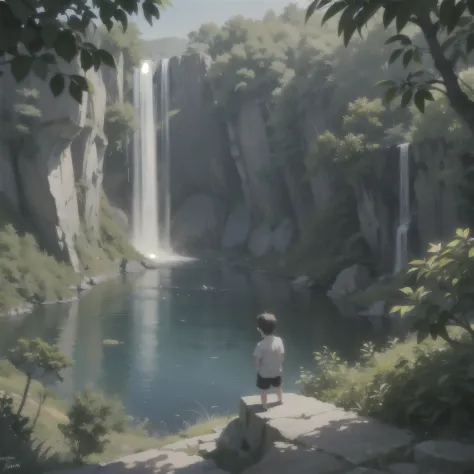 a boy in a jungle on top of a tall mountain looking down at a waterfall