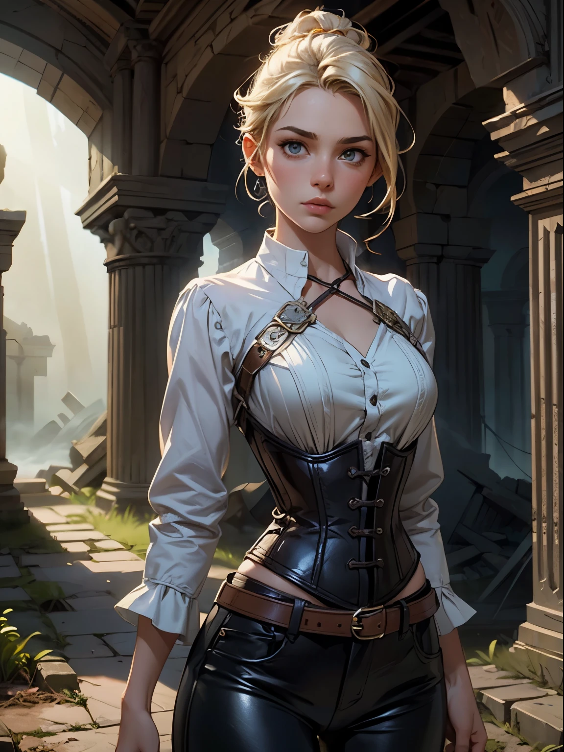 zrpgstyle, portrait beautiful girl solo alone medieval RPG character painting blonde hair upsweep updo swashbuckler rogue black corset, white shirt, black leather pants (leather pants:1.1) (straps buckles:1.2) armor indoors overgrown (ancient ruins:1.2) (bright morning light:1.2) from the side (atmospheric volumetric fog:1.1) (masterpiece:1.4) (illustration:1.2) (best quality:1.4) (8k) (HDR) (cinematic lighting) (sharp focus) (intricate),Very detailed, best quality, very sharp, Ultra high resolution