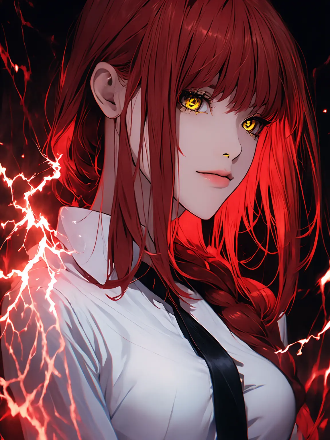 beautiful gorgeous Makima woman staring at the viewer, yellow eyes, sharp, red hair, white shirt, black tie, volumetric lightnin...