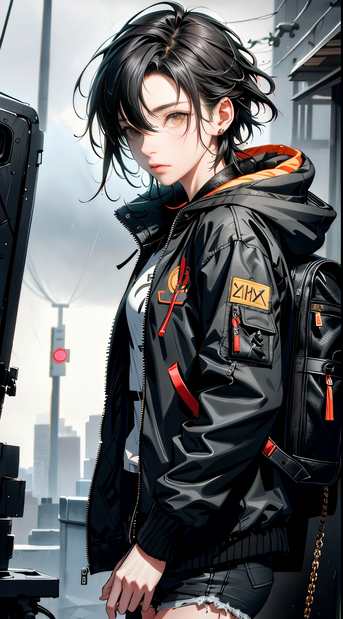 1girl, jacket, rain, outdoor, hoodie, open jacket, chain, backpack, looking at another, messy hair, trending on artstation, 8k resolution, highly detailed, anatomically correct, sharp image, digital painting, concept art, trending on pixiv, style of makoto shinkai,