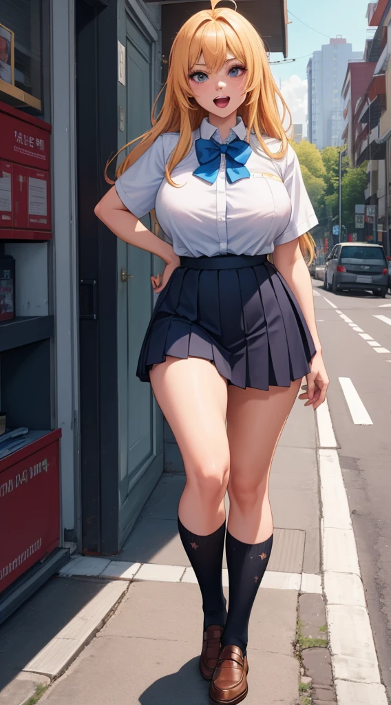 large breasts (weight: 1.5),

an anime/cartoon character wearing a girls school uniform walking upright with straight posture and an open mouth, 1girl, solo, thigh-highs, Short sleeve shirt, ahoge, long hair, hand on hip, full body, bow, , looking at viewer, bowtie, shoes, loafers, ribbon, (very short skirt:1.4),

official art, extremely detailed CG unity 8k wallpaper, perfect lighting,Colorful, Bright_Front_face_Lightinasterpiece:1.0),(best_quality:1.0), ultra high res,4K,ultra-detailed,
photography, 8K, HDR, highres, absurdres:1.2, Kodak portra 400, film grain, blurry background, bokeh:1.2, lens flare, (vibrant_color:1.2)
, (beautiful_face:1.5),(narrow_waist), (Beautiful,Huge_Breasts:1.3)