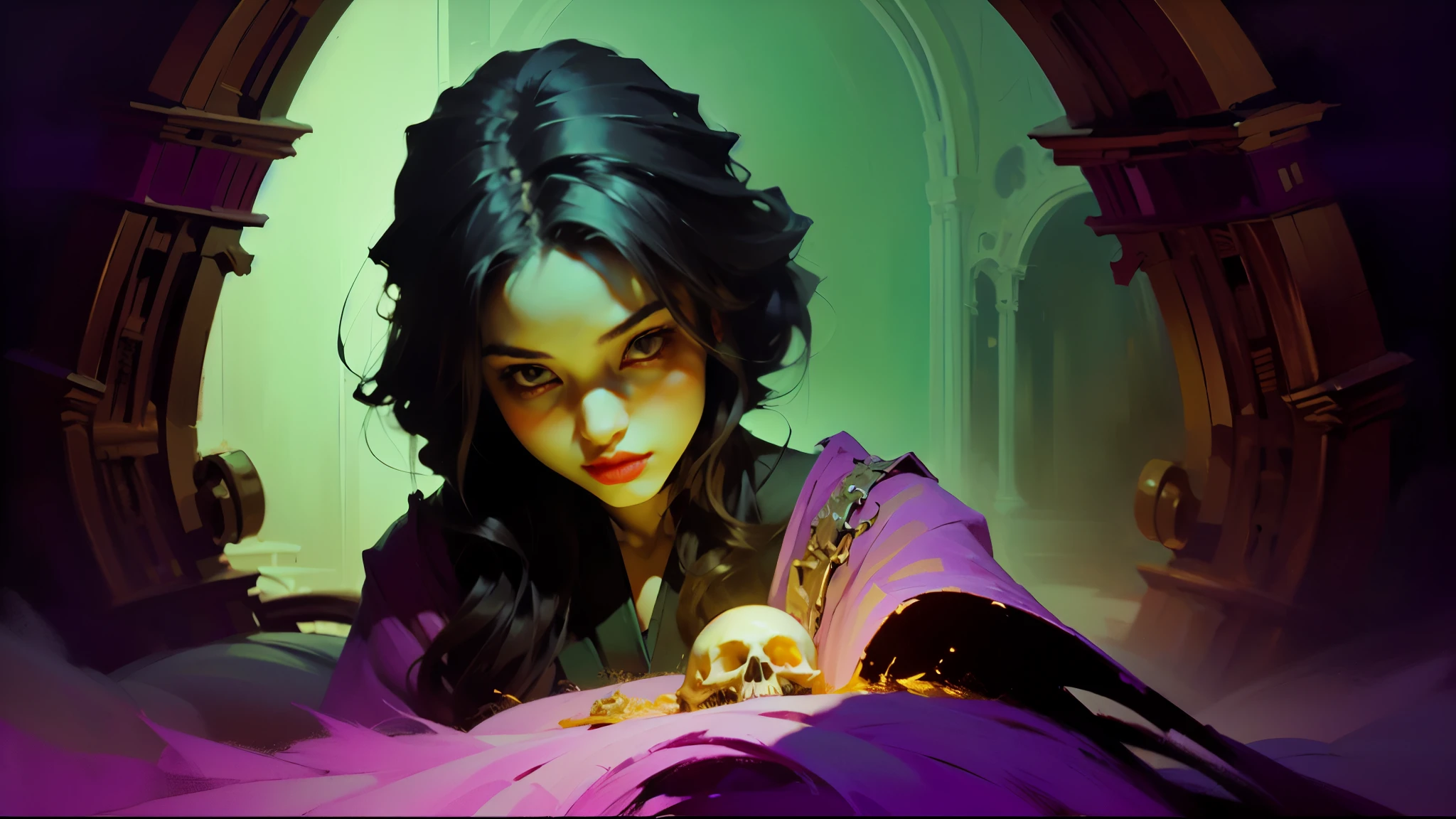 在这幅令人着迷的油画中, 紫红色调的淡紫色空灵旋转的空灵能量在黑暗的数字笔触中凸显出一位神秘的女性巫师. 图片, 呈现令人惊叹的清晰度和复杂的细节, 展示了死灵法师被她捕获的灵魂精华所包围，在即将消逝的光之余烬中试图逃离她的存在 .( 亡灵法师的琥珀色和青色长袍, 装饰有复杂的图案和闪闪发光的符文, 唤起一种神秘力量的感觉). 有着一双锐利的紫色眼睛，似乎能看透人的灵魂深处, ((死灵法师苍白无瑕的肤色和金发与一丝诡异的冷光形成鲜明对比)). 这幅精湛的艺术作品捕捉了通灵术的神秘感和魅力, 带领观众进入一个魔法与黑暗交织的世界.