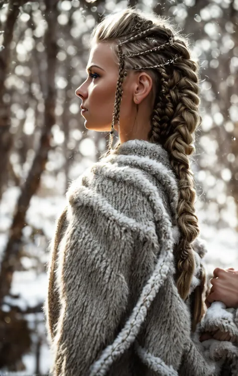 cinematic film still scandinavian girl, braided hair, viking, intense eyes, depth of field, blurry background, voluminetric ligh...