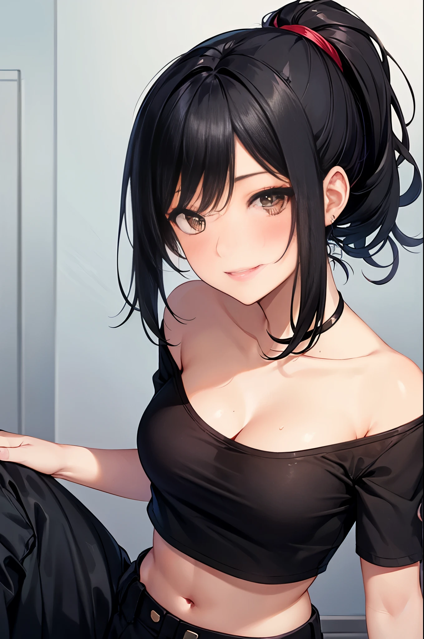 Anime girl with black hair and black top sitting on a bed - SeaArt AI