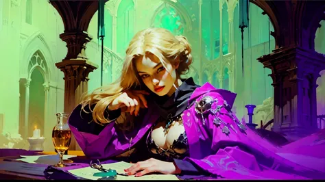 In this mesmerizing oil painting, a magenta-hued mauve-tinted swirling ethereal energies in dark digital brushstrokes highlights a female necromancer that materializes with an enigmatic presence. The image, rendered with stunning clarity and intricate deta...