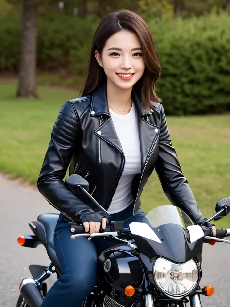 身穿皮夹克的阿拉费女子在路上骑摩托车- SeaArt AI