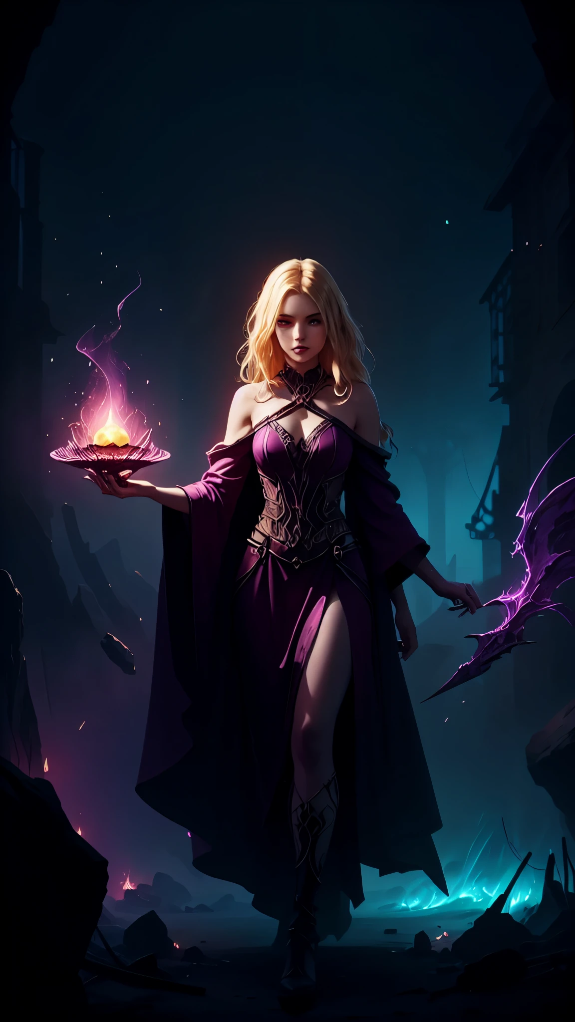 In this mesmerizing digital painting, a magenta-hued mauve-tinted ethereal swirling ethereal energies in dark digital brushstrokes highlights a female necromancer that materializes with an enigmatic presence. The image, rendered with stunning clarity and intricate details, showcases the necromancer surrounded by her captured spirits essence shown in dying embers of light trying to get away from her presence .( The necromancer's amber and teal colored robes, adorned with intricate patterns and shimmering runes, evoke a sense of arcane power). With piercing violet eyes that seem to peer into the depths of one's soul, ((the necromancer's pale and flawless complexion and blonde hair is juxtaposed with a touch of eerie luminescence)). This masterful artwork captures the mystique and allure of necromancy arts, drawing viewers into a world where magic and darkness intertwine.