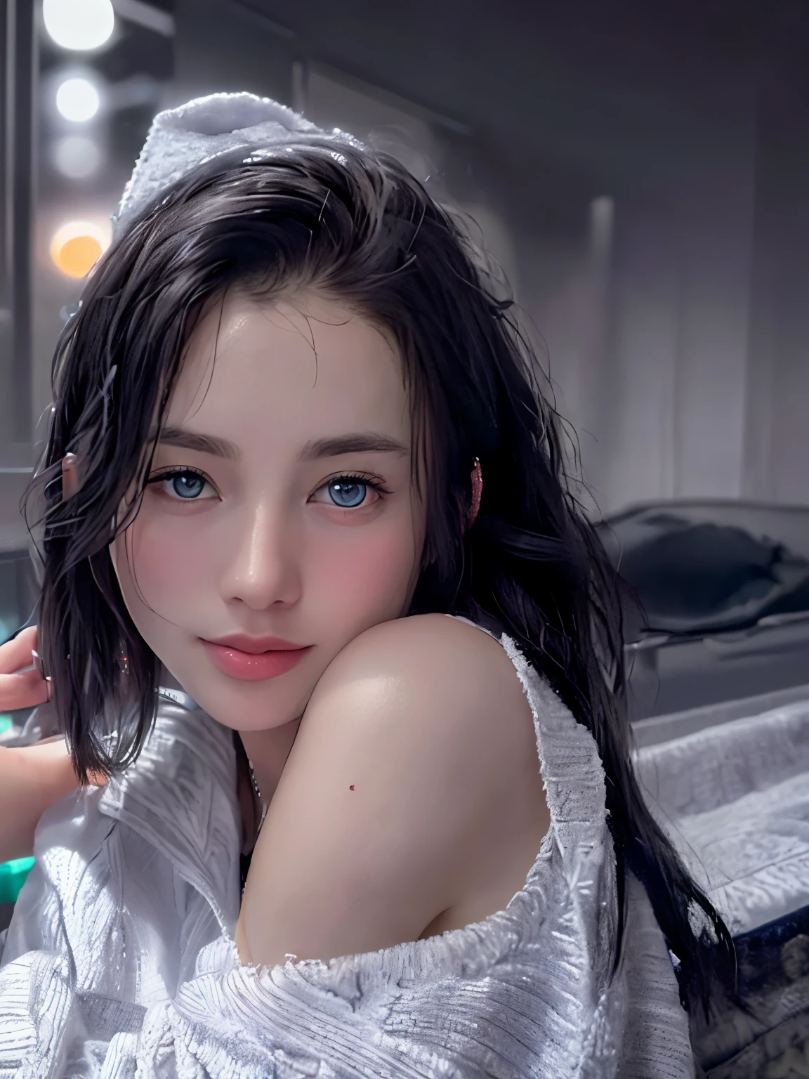 Portrait photography,photorealistic,(masterpiece, best quality, high quality, highres, ultra-detailed,8k),HDR,DOF,bokeh,
hotel suite,1girl,bath towel,
