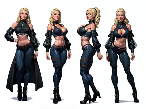 ((masterpiece)),(((best quality))),((character design sheet)),  ((flat color, plain color)),concept, poses, masterpiece, best quality, highres, 1girl, apocalypse mercenary female, (blonde hair:1.2), pompadour hairstyle, long hair, visible forehead, militar...