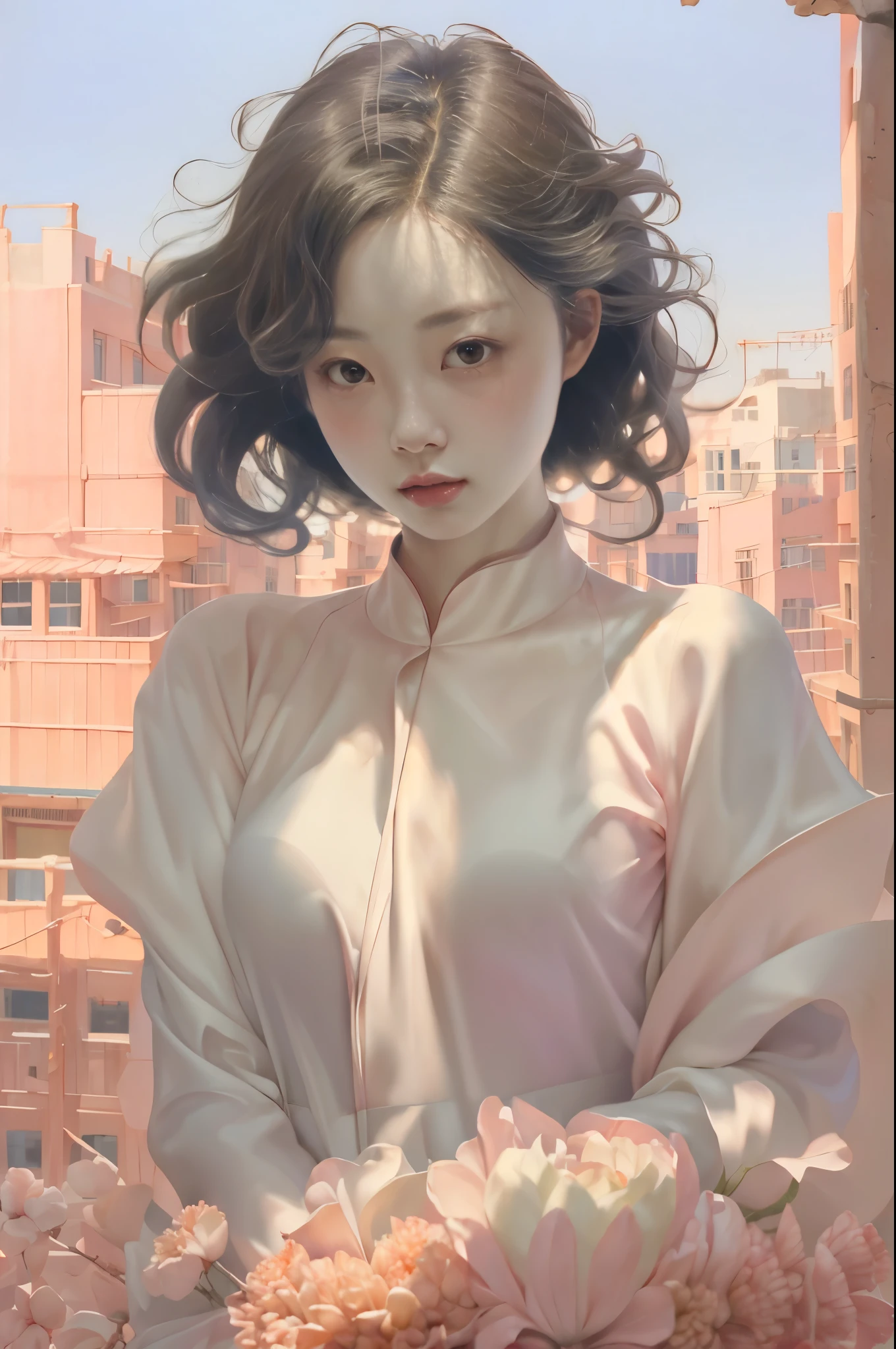 masterpiece,best quality,fenhong,1 girl,pink,city,Soft Color Tones